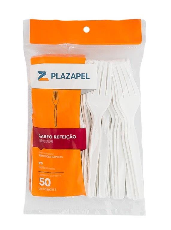 imagem produto Garfo plástico refeição com 50 unid. branco - Plazapel R$3,29